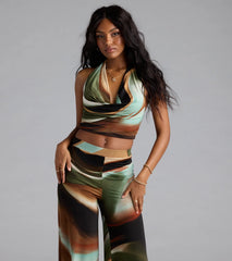 Sultry Effect Abstract Cowl Halter Crop Top
