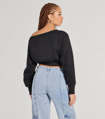 Cutie Alert Long Sleeve Fleece Crop Sweatshirt