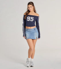 95 Graphic Off-The-Shoulder Striped Crop Top
