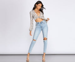 Snake Print Long Sleeve Crop Top