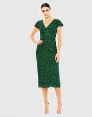 Sequined Cap Sleeve Wrap Over Cocktail Dress