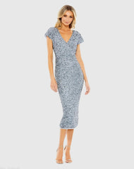 Sequined Cap Sleeve Wrap Over Cocktail Dress