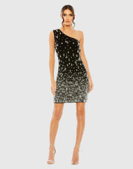 Black One Shoulder Crystal Drop Dress