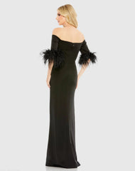 Black Feather Trim Off The Shoulder Column Gown
