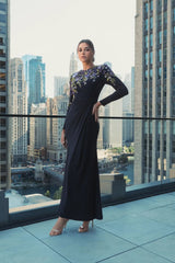 Navy Embellished Long Sleeve Fitted Jersey Gown