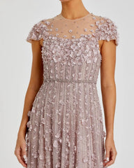Pink Embellished Lace Illusion Neck A-Line Gown