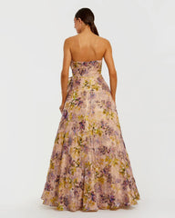 Strapless Pink Velvet Floral Ball Gown with 3D Rosette