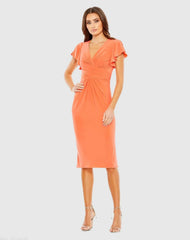 Orange Flounce Sleeve Midi Dress