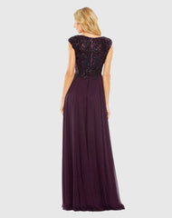 Purple Applique Cap Sleeve Bodice Flowy Gown