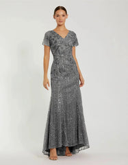 Gray Embellished V Neck Cap Sleeve Trumpet Gown - FINAL SALE