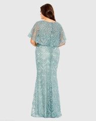 Blue High Neck Embellished Column Dress With Cape (Plus)