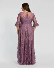 Purple High Neck Flutter Sleeve Embroidered A Line Gown (Plus)