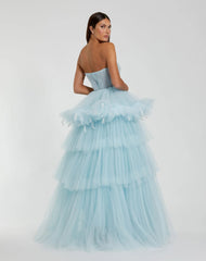 Blue Strapless Tulle Gown with Feather Detail - FINAL SALE