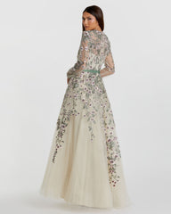 Multicolor Long Sleeve Floral Embellished A-Line Gown