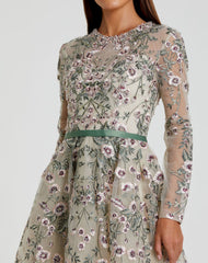 Multicolor Long Sleeve Floral Embellished A-Line Gown