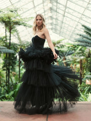 Black Strapless Tulle Gown with Feather Detail