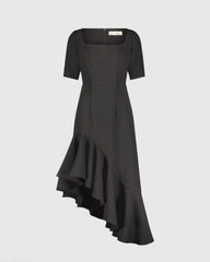 Black Crepe 3/4 Sleeve Asymmetrical Hem Dress