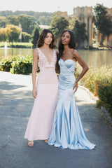 Blue Strapless Satin Trumpet Dress With Bow Details