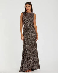 Brown Cowl Back Boat Neck Sequined Evening Gown