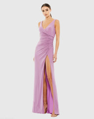 Purple Ruched Stretch Jersey V-Neck Gown