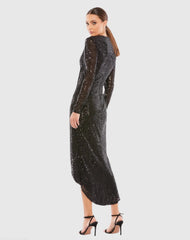 Black Sequined High Low Front Twist Midi Dress