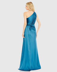 Blue Gathered One Shoulder Satin Faux Wrap Gown