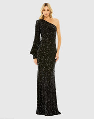 Sequined One Shoulder Bishop Sleeve Trumpet Gown