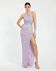 Purple Halter Neck Ruched Side Front Slit Sequin Gown