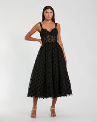 Black Polka Dot Net Bustier A-Line Midi Dress