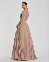 Pink Shimmering Pleated A-Line 3/4 Sleeve Gown