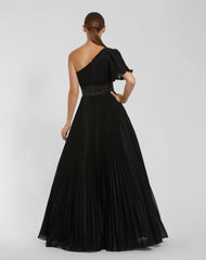 Black Pleated Shimmering One Shoulder Gown