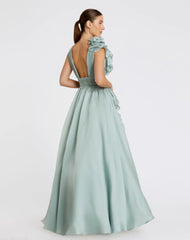 Green Ruffle Shoulder V-Neck Chiffon Gown