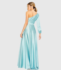 Blue Long Sleeve One Shoulder Satin High Low A-line Gown