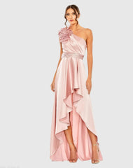Pink Ruffled One Shoulder Cut Out Hi-Low Gown