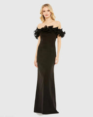 Black Off the Shoulder Ruffle Detail Column Gown