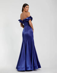 Blue Satin Ruffle Off the Shoulder Mermaid Gown