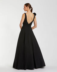 Black Sleeveless Plunge Neck Crepe Ballgown With Bow Detail