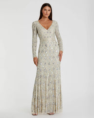 Silver Geometric Embellished Evening Gown