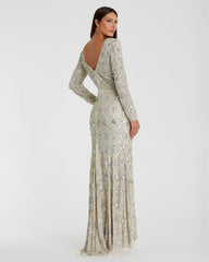 Silver Geometric Embellished Evening Gown
