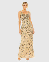 Beige Floral Embellished Scoop Neck Evening Gown