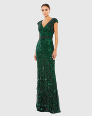Embellished V Neck Cap Sleeve Sequin Gown