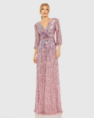 Sequined Wrap Over 3/4 Sleeve Gown