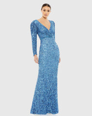 Puff Shoulder Sequined Surplice Gown