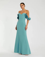 Crepe Off The Shoulder Gown With 3D Flowers