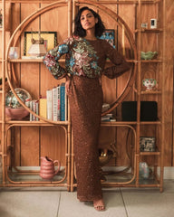 Brown High Neck Long Sleeve Sequin Gown