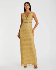 Beaded Cap Sleeve V Neck Column Gown