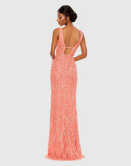 Pink Sequined Plunge Neck Sleeveless Column Gown