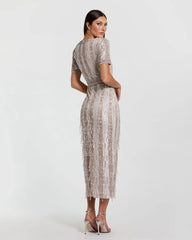 Pink High Neck Short Sleeve Crystal Fringe Sheath Dress