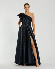 Navy One Shoulder Metallic Ballgown