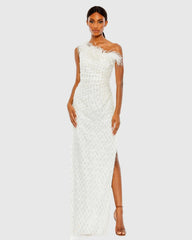 Embellished One Shoulder Gown w/ Ostrich Feathers